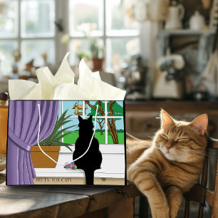 Grand Sac Cadeau Fenêtre Chat noir regardant dehors