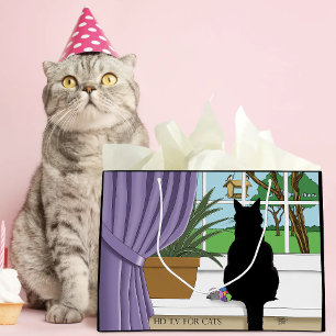 Grand Sac Cadeau Fenêtre de chat noir curieux vert humoristique