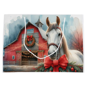 Grand Sac Cadeau Ferme festive de Cheval Blanc Noël personnalisé