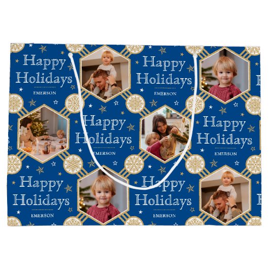 Grand Sac Cadeau Festif Noël Snowflake Photo Traditionnel Bleu (Dos)