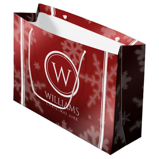 Grand Sac Cadeau Festif Red Foil Snowflakes Nom du monogramme (Devant Angle)