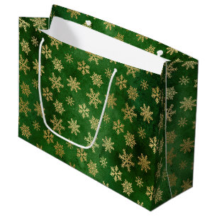 Grand Sac Cadeau Festive Green et Gold Foil Snowflakes d'hiver