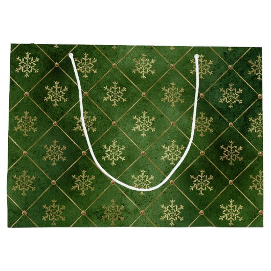 Grand Sac Cadeau Festive Green et Gold Foil Snowflakes d'hiver (Dos)