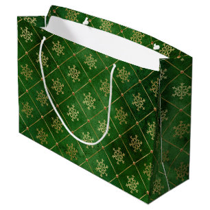 Grand Sac Cadeau Festive Green et Gold Foil Snowflakes d'hiver
