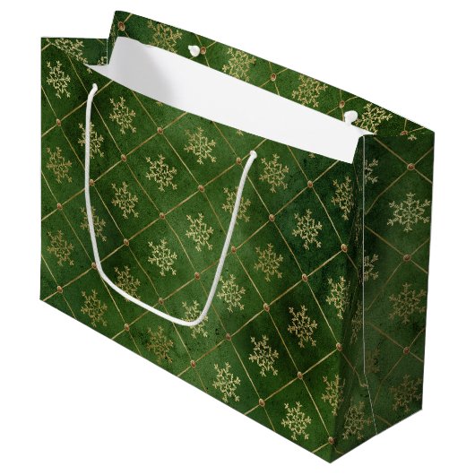 Grand Sac Cadeau Festive Green et Gold Foil Snowflakes d'hiver (Devant Angle)