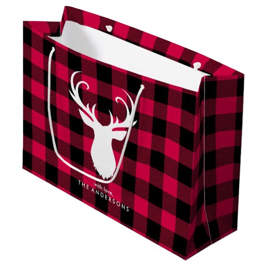 Grand Sac Cadeau Festive Rouge Plaid Motif Noël (Devant Angle)