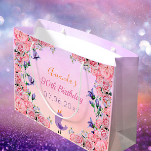 Grand Sac Cadeau Fête 90e anniversaire rose pourpre florals nom