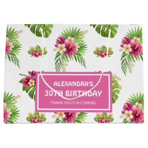 Grand Sac Cadeau Fête d'anniversaire thème luau floral tropical ros