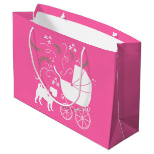 Grand Sac Cadeau Fête de la fête du chien Carlin rose