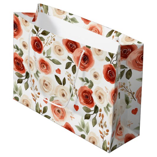 Grand Sac Cadeau Fête de Mariage Cœurs et Fleurs Rouge Crème (Devant Angle)