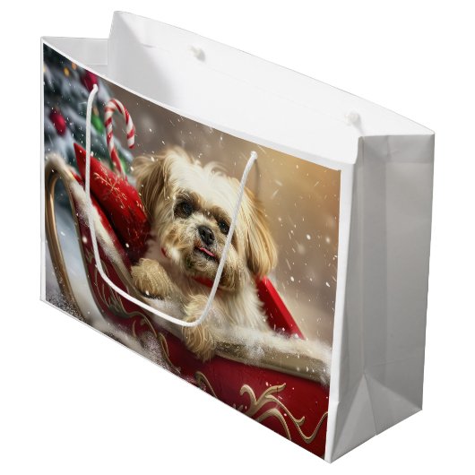 Grand Sac Cadeau Fête de Noël de Chien Malti Tzu (Devant Angle)