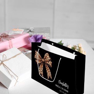 Grand Sac Cadeau Fête des mariées noire empreinte de léopard Bow