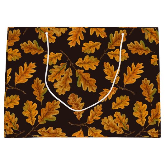Grand Sac Cadeau Feuilles de chêne automnal sur brun foncé (Devant)