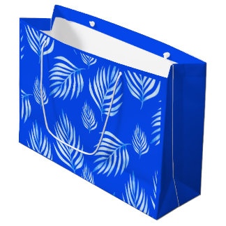 Grand Sac Cadeau Feuilles de palmier tropicales sur fond bleu royal