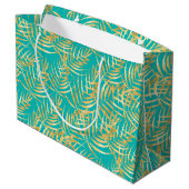 Grand Sac Cadeau Feuilles Gold Palm sur Turquoise (Dos Angle)
