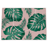 Grand Sac Cadeau Feuilles Pink & Green Palm sans couture Motif (Devant)