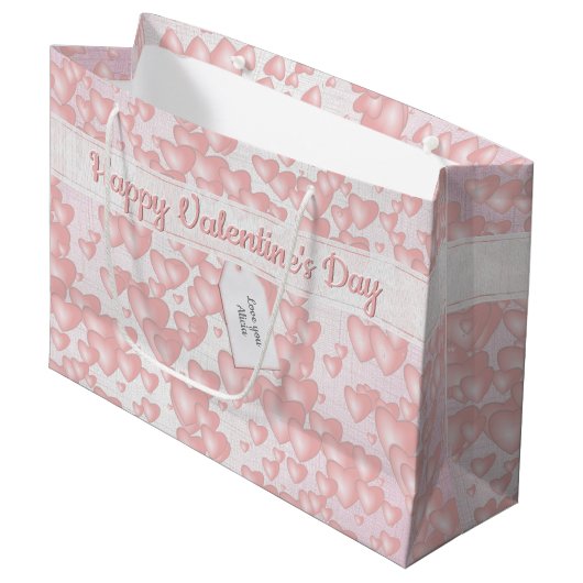 Grand Sac Cadeau Fille Flottant Pink Valentine Coeurs Votre Msg. (Devant Angle)