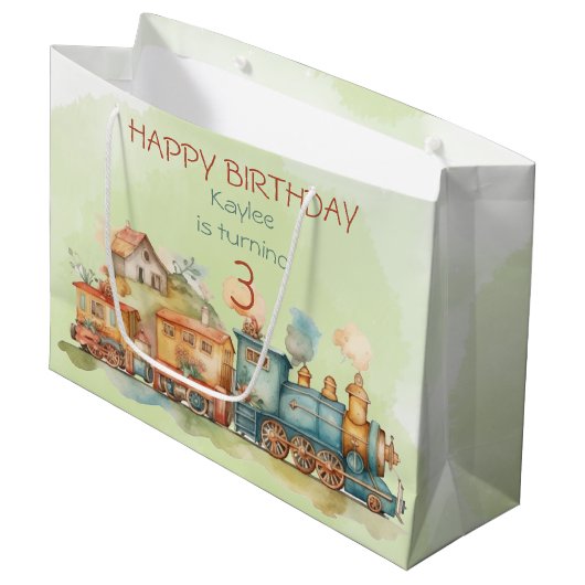 Grand Sac Cadeau Fille moteur de train 3e anniversaire (Devant Angle)