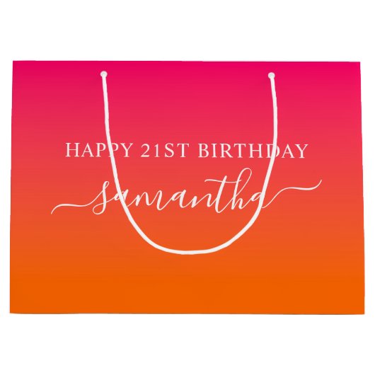 Grand Sac Cadeau Fille Nom 21e anniversaire Bright Pink Orange Ombr (Devant)