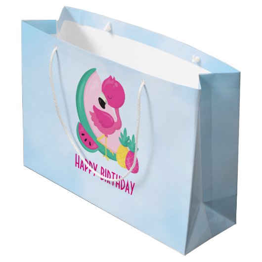 Grand Sac Cadeau Flamant rose rose avec pastèque et ananas (Dos Angle)