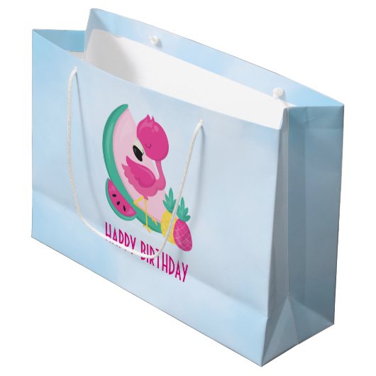 Grand Sac Cadeau Flamant rose rose avec pastèque et ananas (Devant Angle)