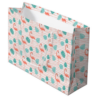 GRAND SAC CADEAU FLAMANTS ROSES ET FEUILLES TROPICALES VERTES