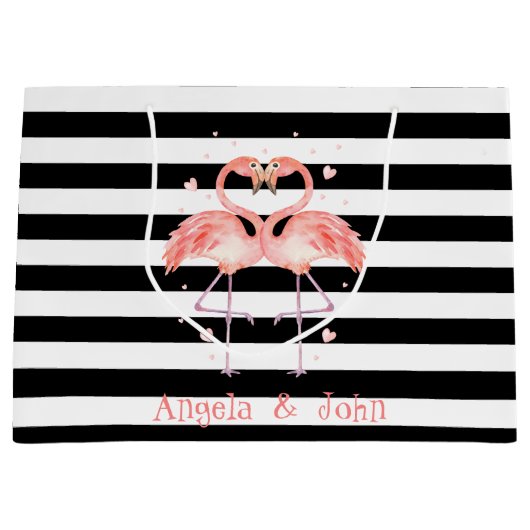 Grand Sac Cadeau Flamants roses Roses En Amour, Blancs Noirs (Devant)