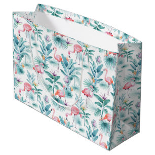 Grand Sac Cadeau Flamants roses tropicaux feuille motif