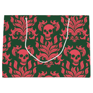 Grand Sac Cadeau Flamme crâne Damas en s'affrontant rose sur vert f