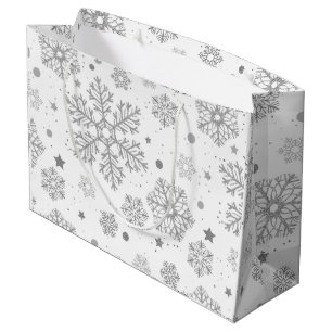 Grand Sac Cadeau Flammes de neige en argent sur blanc