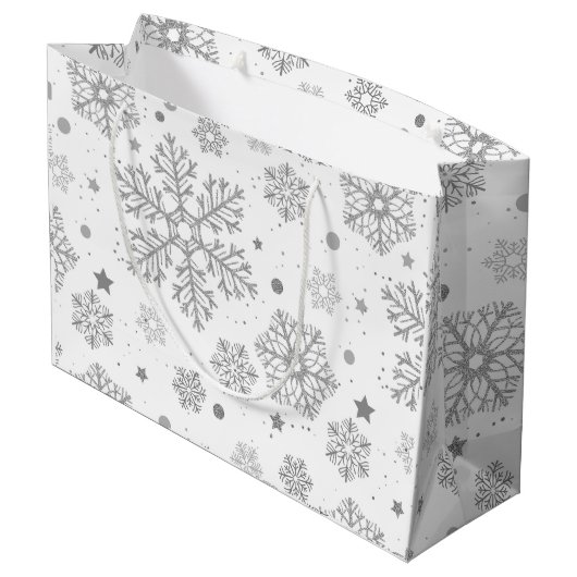 Grand Sac Cadeau Flammes de neige en argent sur blanc (Dos Angle)