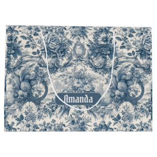 Grand Sac Cadeau Fleur bleue vintage damassé Toile Monogramme