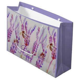 Grand Sac Cadeau Fleur de Lavande Abeille Heureuse Aquarelle