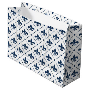 Grand Sac Cadeau Fleur De Lis bleu foncé motif sur arrière - plan b