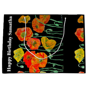 Grand Sac Cadeau Fleur de pavot rouge orange aquarelle anniversaire