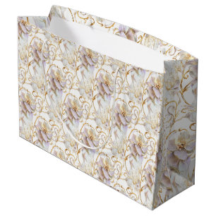 Grand Sac Cadeau Fleur florale blanche mariage anniversaire or chic