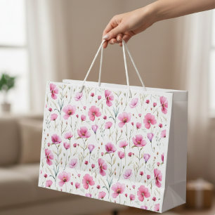 Grand Sac Cadeau Fleur sauvage à l'aquarelle rose