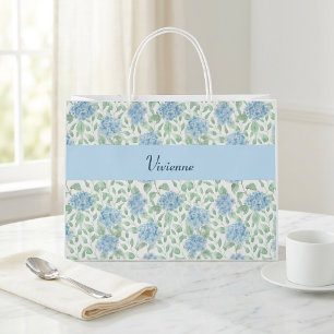 Grand Sac Cadeau Fleur sauvage aquarelle bleu vert Monogramme Nom