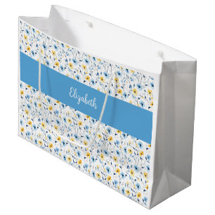 Grand Sac Cadeau Fleur sauvage bleue et jaune Monogramme aquarelle