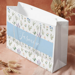 Grand Sac Cadeau Fleur Sauvage Botanique Bleu Lavande Monogramme No