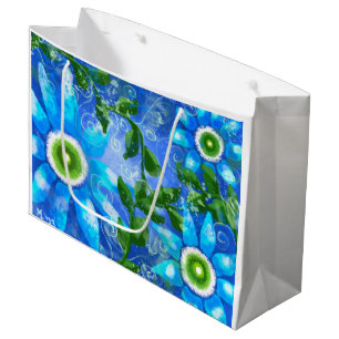Grand Sac Cadeau Fleur Turquoise blanc bleu vert marguerite