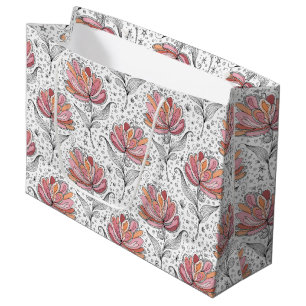 Grand Sac Cadeau Fleurs Abstraites de Style Dessin à Main Levée Ros