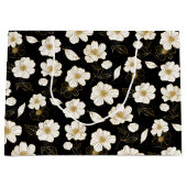 Grand Sac Cadeau Fleurs blanches et dorées sur fond noir (Devant)
