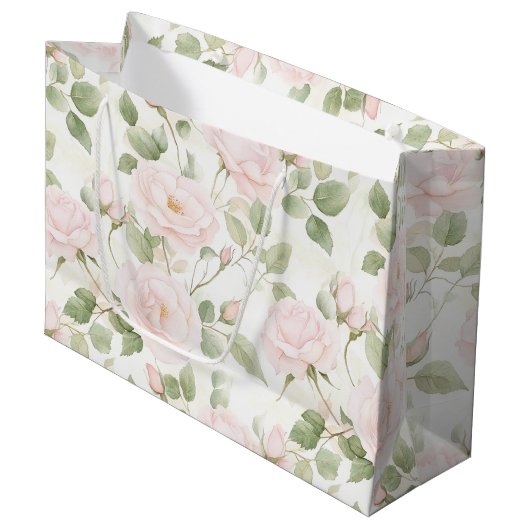 Grand Sac Cadeau Fleurs Blanches Roses Fines Douche de Mariée (Devant Angle)