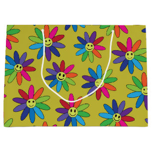 Grand Sac Cadeau Fleurs colorées rétro avec des visages heureux mot