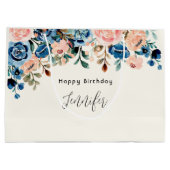 Grand Sac Cadeau Fleurs d'aquarelle rose et bleu Anniversaire (Dos)