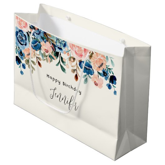 Grand Sac Cadeau Fleurs d'aquarelle rose et bleu Anniversaire (Devant Angle)