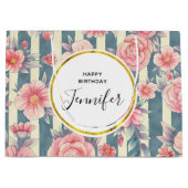 Grand Sac Cadeau Fleurs d'aquarelle rose sur rayures Anniversaire (Devant)