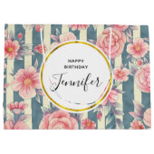 Grand Sac Cadeau Fleurs d'aquarelle rose sur rayures Anniversaire (Dos)
