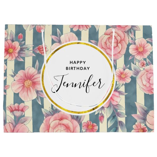 Grand Sac Cadeau Fleurs d'aquarelle rose sur rayures Anniversaire (Dos)